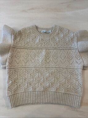 Little girls Beige Cable Knit Short Sleeve Sweater Top